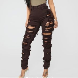 Dark Brown Super Distressed High Rise Jeans